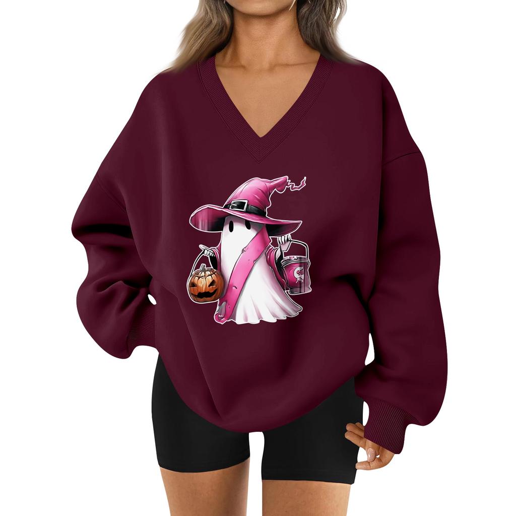 Women's V-neck Dropped Shoulder Halloween Print Sports Sweatshirt Top
