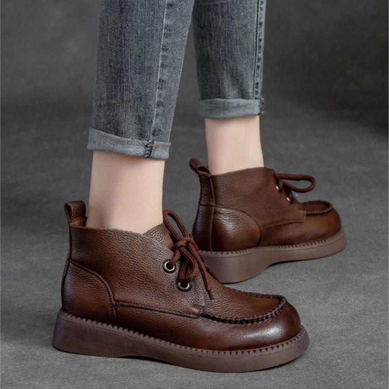 Johnature Retro Women Short Boots Genuine Leather Lace-Up Shoes Handmade Round Toe Soft Sole Flat Boots