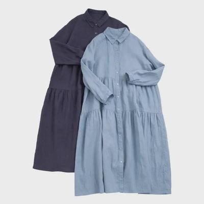 Herbstwald-Leinenkleid: Langarm, hohe Taille, locker sitzender Cardigan-Stil mit großem Swingrock aus Baumwollleinen.