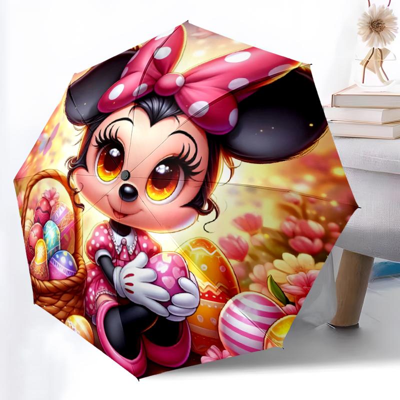 1pc Sturdy 8-Bone Auto Umbrella, Minnie Mouse Cherry Blossom Pastel Floral Umbrella, Digital Printed, Foldable Umbrella for On-the-Go Outdoor Use