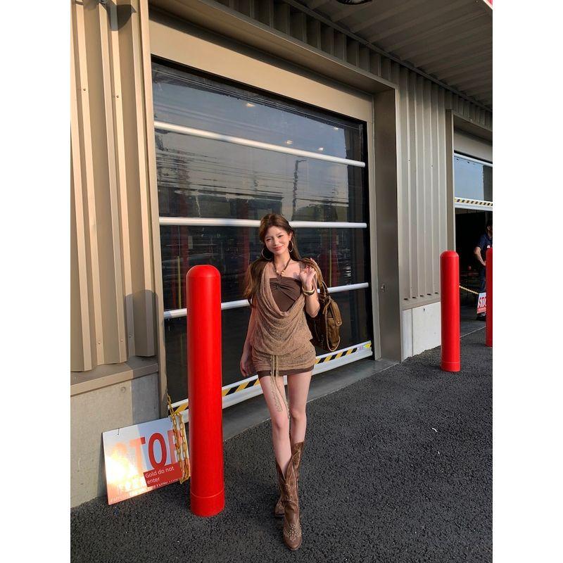 Kumikumi Gyaru Style Elegant Swing Collar Hanging Neck Dress Women Summer Fake Two Pieces Patchwork Lace Coffee Color Short dress