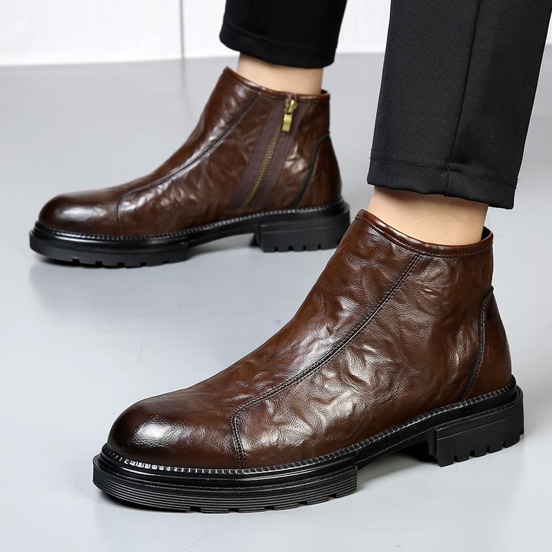 Martin Boots Men's Velvet Retro Chelsea Boots Big Head Tooling Boots British Platform Locomotive Boots Leather Mid-top Men's Shoes