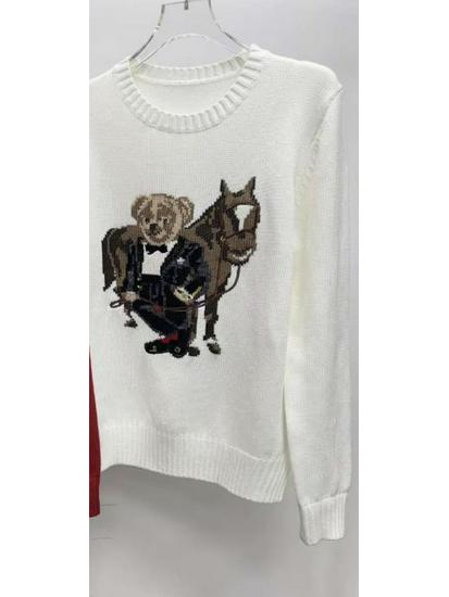2025 R.L Wool Blend Cartoon Bear Round Neck Sweater - Women's Autumn/Winter Versatile Embroidered Style