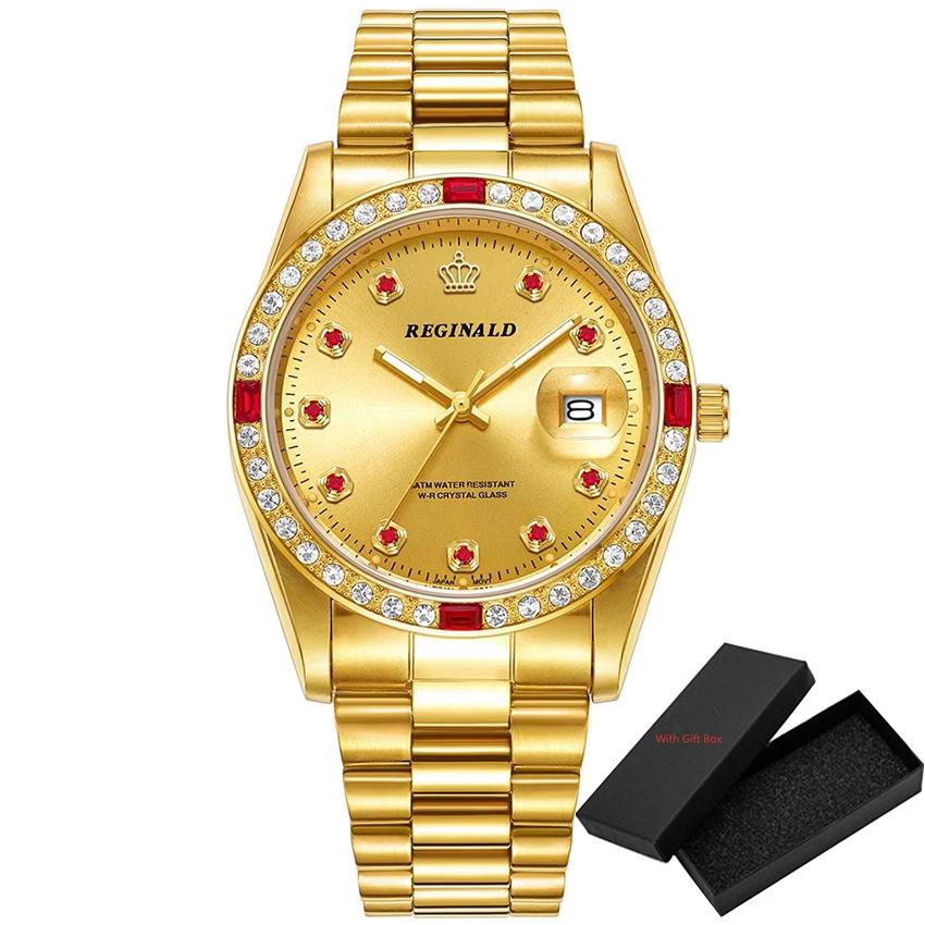 Fashion Reginald Top Brand Diamonds Gold Watch Men Pearl Style Dial Full Stainless Steel Quartz Silver Date Wrist Relojrelogio