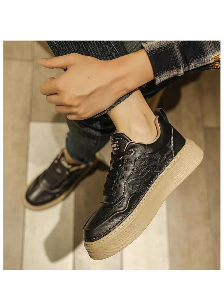 Beige Embossed Men's Breathable Thick-Soled Casual Trendy Board Shoes