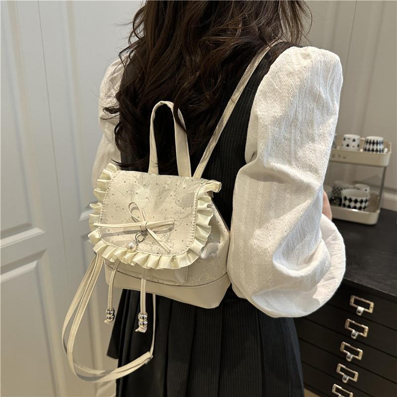 Polka Dot Ruffled Backpack for Women Trendy Bowknot Bucket Bag