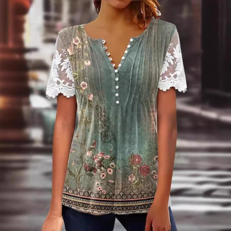 Sommer Neue Blumendruck Beiläufige Lose Blusen Frauen Mode Elegante Vintage Rüschen Spitze Kurzarm Shirts für Frauen Rundhals Slim Fit tops 26515