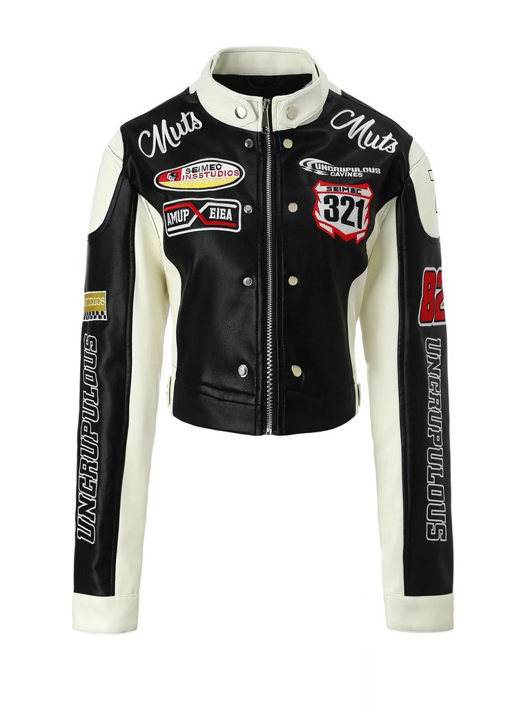 Damen PU-Leder Colorblock Motorradjacke mit gesticktem Abzeichen und Stehkragen