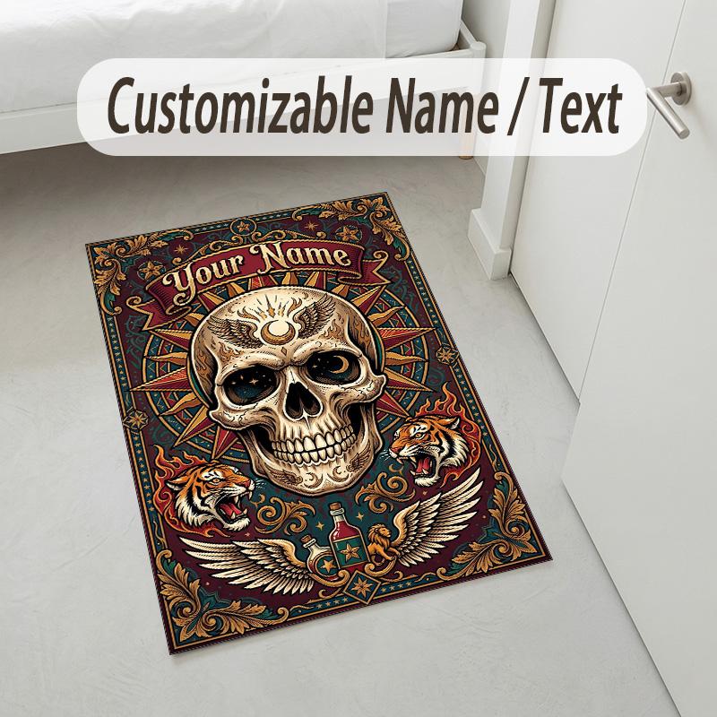 Skull Floral Theme Soft Crystal Velvet Rug Custom Name & Text Print Non Slip Floor Rug for Bedroom Living Room