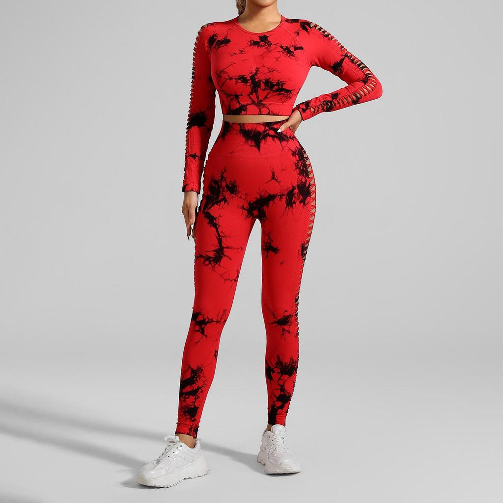 European American Tie-Dye Butt-Lift Yoga Set: Long Sleeve, Seamless Fitness Clothing with Hollow Out Design