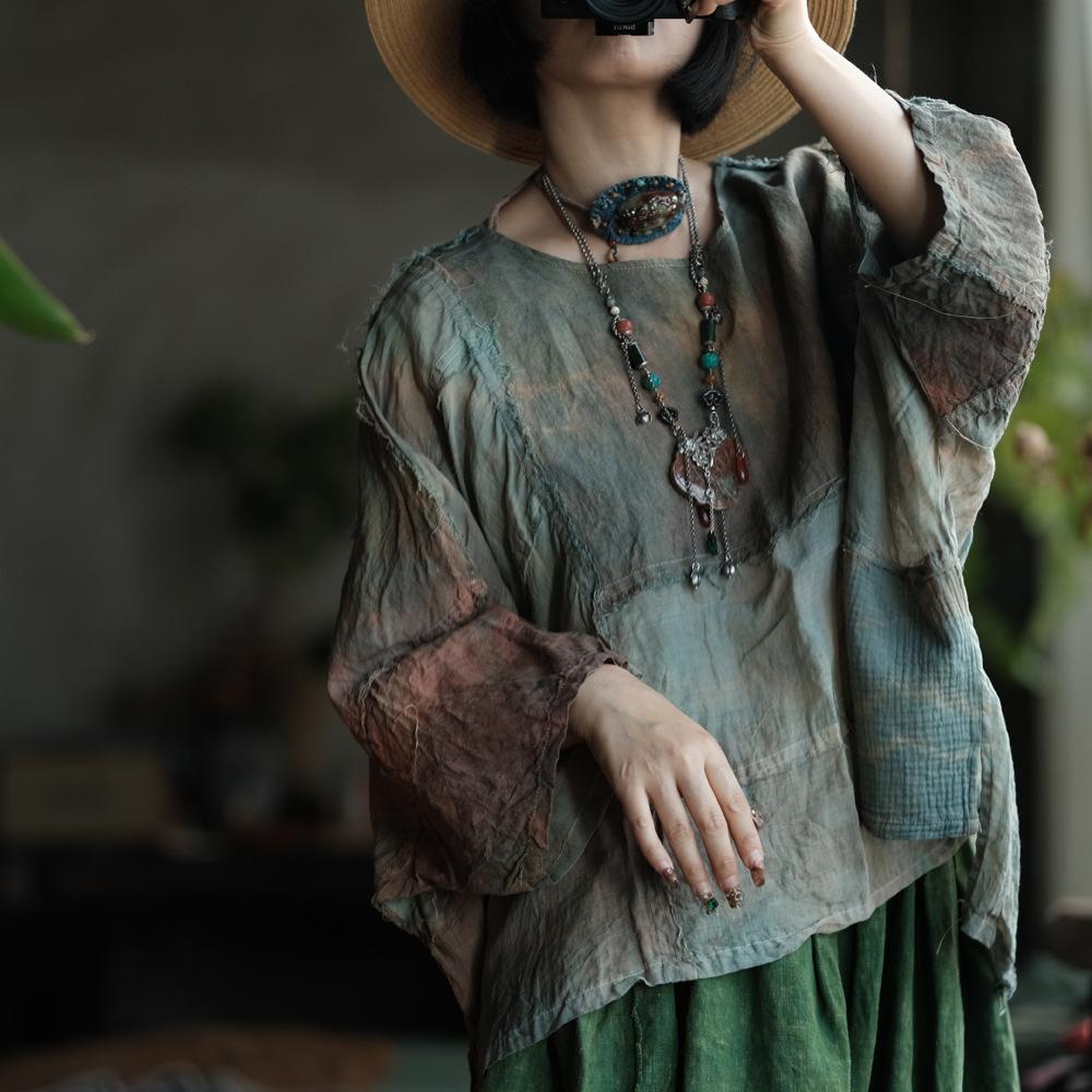 Johnature Women Vintage Patchwork Color Tie-dye T-Shirts O-Neck Long Sleeve Autumn Linen Loose Female T-Shirts