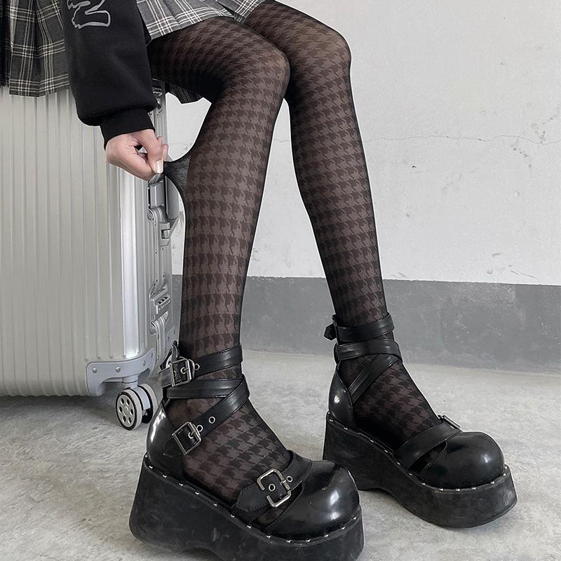 

Night Experiment Houndstooth Black Stockings Summer Thin Jk Sexy Fishnet Stockings Personality Printing Pantyhose Goth Tights One Size чорний