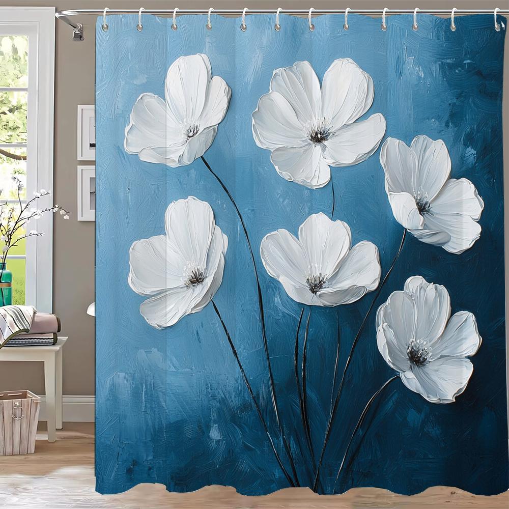 

Beautiful And Elegant Blue Flowers Shower Curtain Partition Hanging Curtain With Hooks Washable Home Decoration Curtain W60H190(CM)-1 Pcs