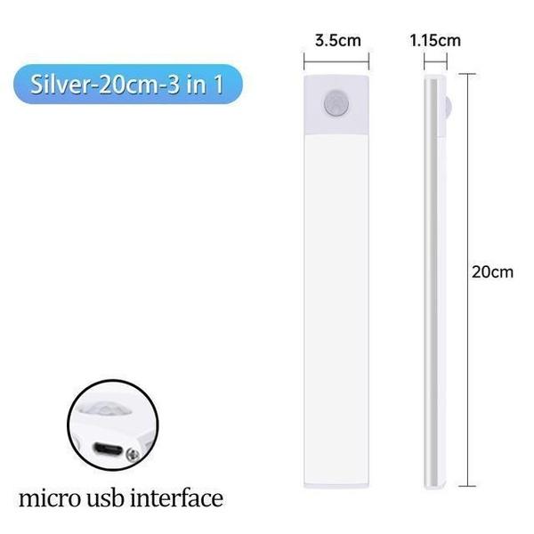 

1шт светодиодный датчик движения для шкафа, освещение под столешницей, интеллектуальное освещение, беспроводные магнитные USB-аккумуляторные кухонные ночники 20cm серебряный