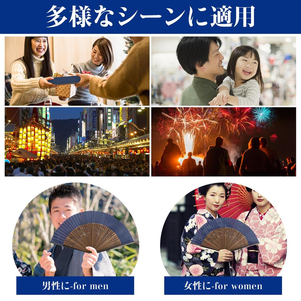 Folding Made in Comes with Bag and Gift Silk Short Large Unisex Fireworks Japanese Summer Kabuki Heatstroke Prevention Easy to Blue [Ganve] Men's Fan,