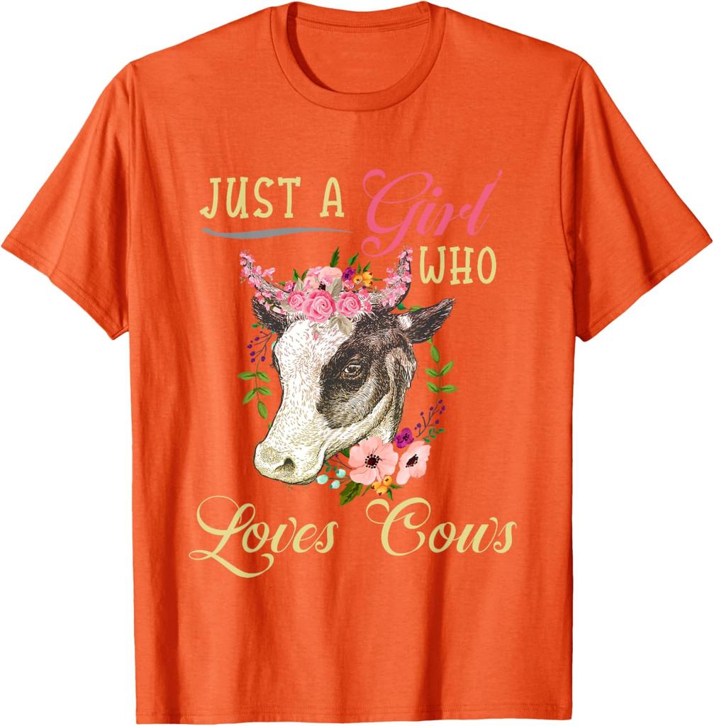 Just a Girl Who Loves Cows Graphic Tee Cute Floral Cow Head Women Casual T-Shirt