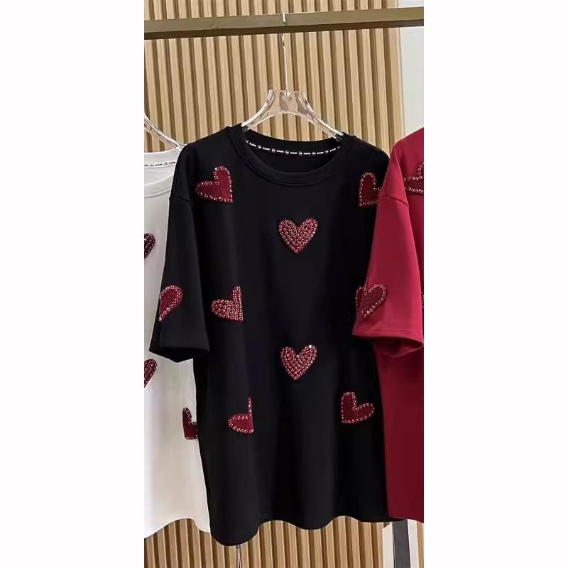 

Весенняя вышитая рубашка с сердечками для женщин с коротким рукавом свободного кроя XL чёрный