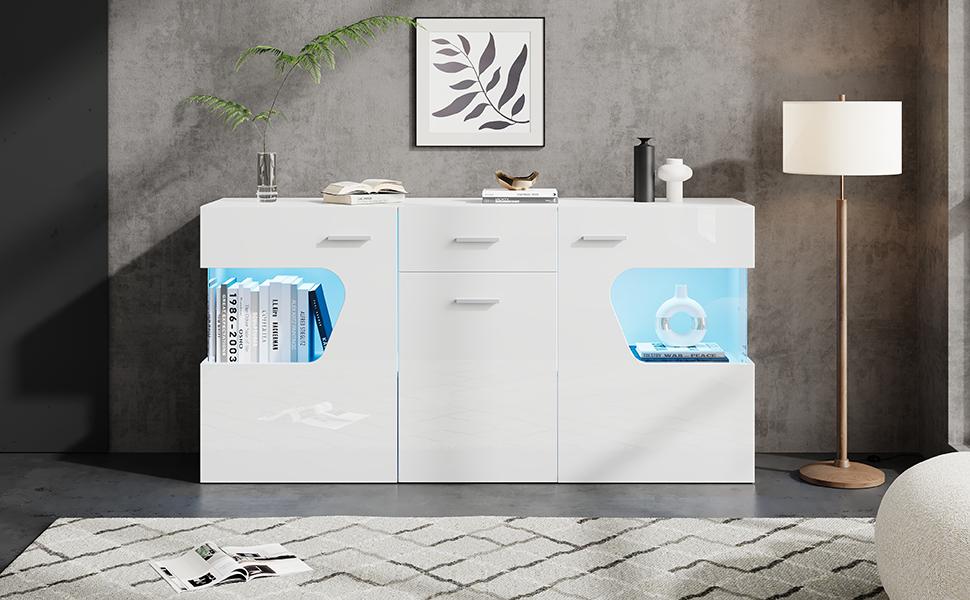 140*33*70cm living room sideboard, chest of drawers with 3 doors, high-gloss cabinet with LED light strip, tempered glass, white