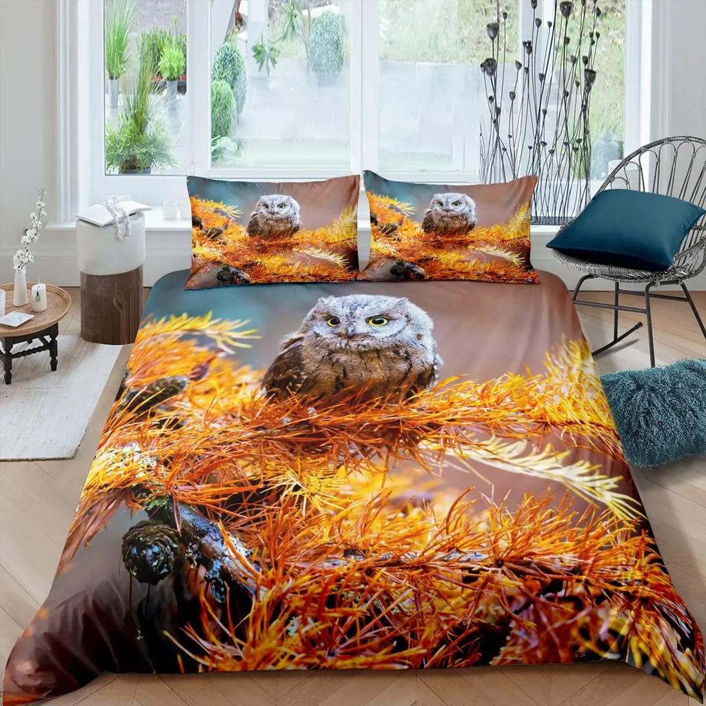 Owl King Queen Duvet Cover Adorable Funny Cartoon Animal Bedding Set for Kids Boy Colorful Wildlife 2/3pcs Polyester Quilt Cover