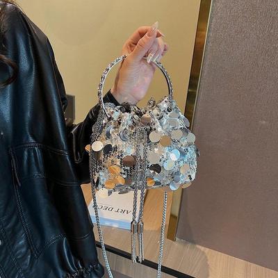 2024 Light Luxury Sequin Chain Tassel Evening Bucket Bag
