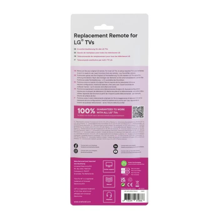 ONE FOR ALL URC4911 - Télécommande De Remplacement Pour TV LG