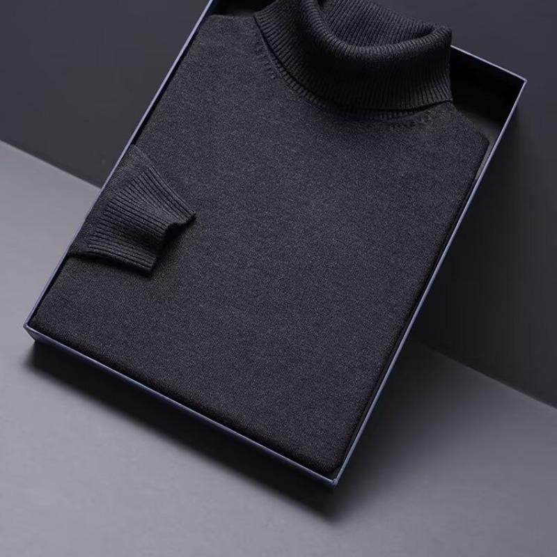 Men's Slim Fit High Neck Solid Color Knit Pullover - Korean Style Winter Base Layer Sweater