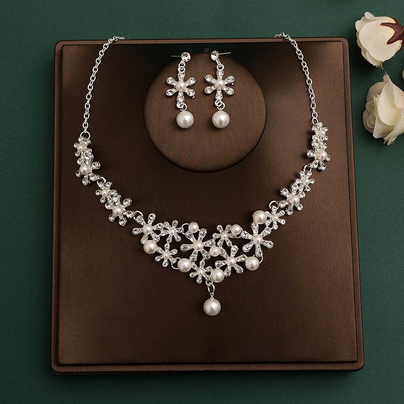 Korean Bridal Necklace & Earrings Set - Rhinestone & Pearl Wedding Accessories