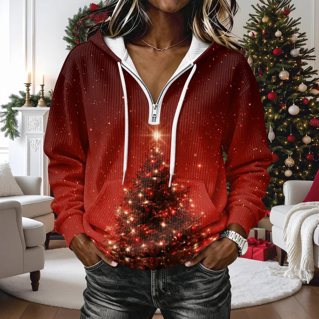 Women's Fashion Christmas Print Long Sleeve Hooded Pullover Sweatshirt Top