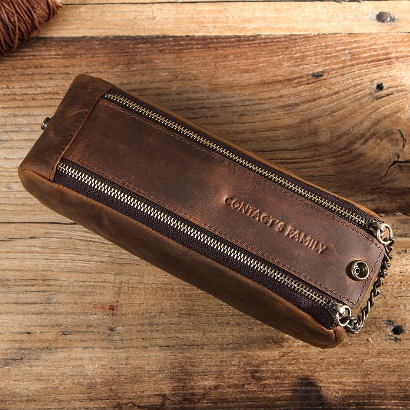 Leather Zipper Pen Pencil Case Bag Handmade Vintage Creative School Stationary Pen Pouch Holder Large Capacity