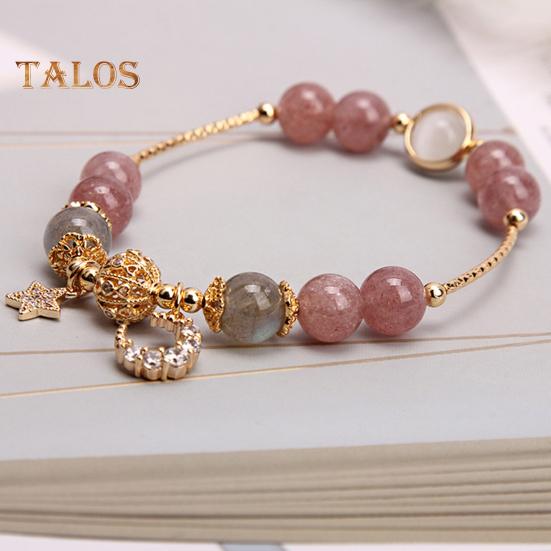 Women Bracelet Smooth Bead Polished Star Moon Pendant Rhinestone Adjustable Shopping Work Party Dating Wrist Chain Lady Jewelry