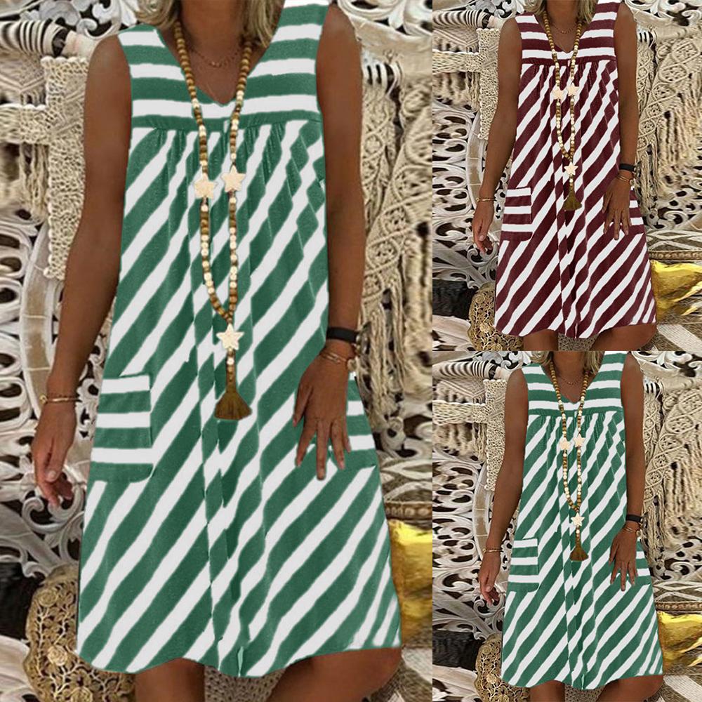 

Плюс Размер Женщины V-образный вырез Бохо Casaul Танк Платье Пляжный отдых Сарафан