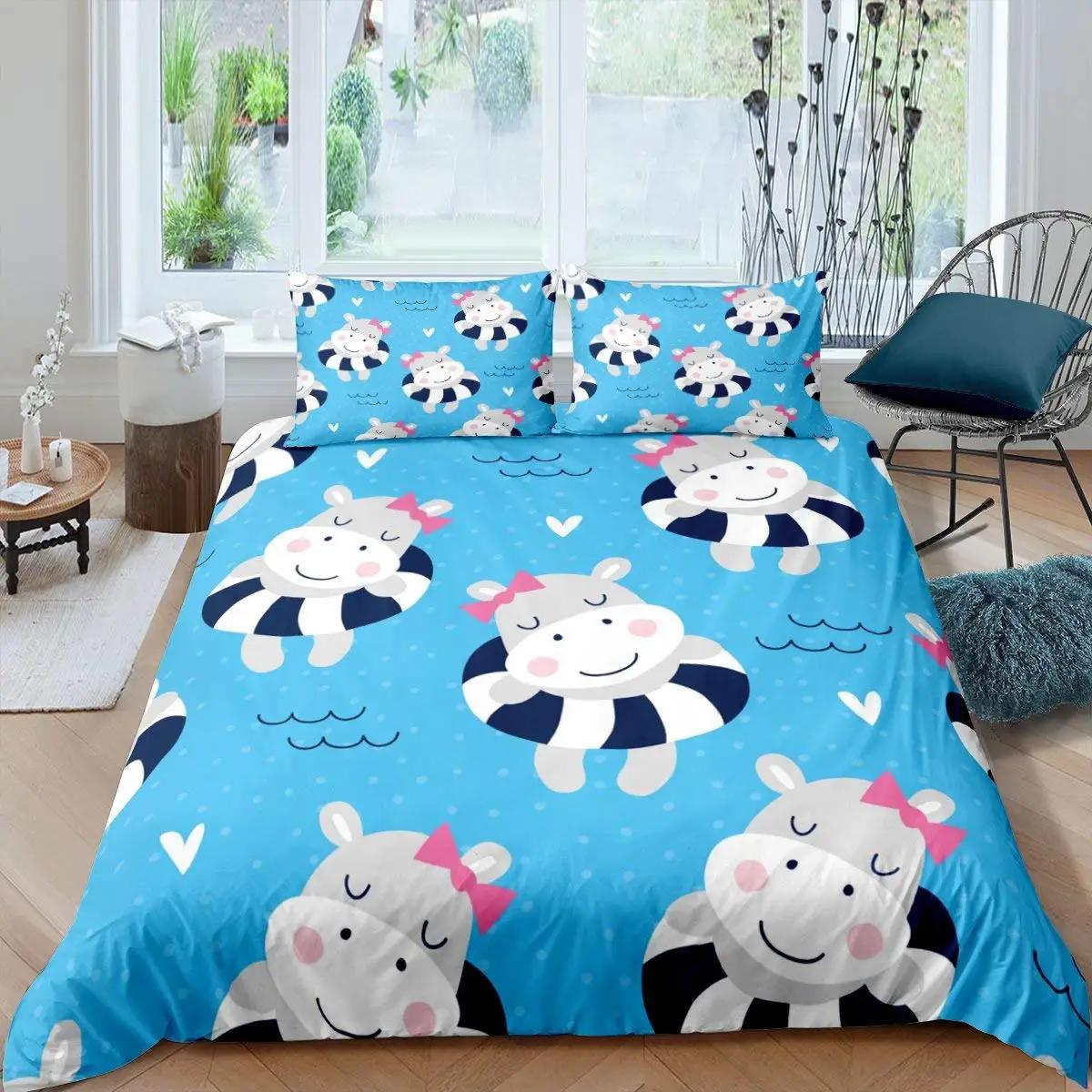 

Комплект пододеяльников с изображением бегемота размера King Size, мультяшный бегемот, держащий розовый цветок, комплект одеяла для детей, полиэстеровое одеяло с изображением диких животных 70x133cm 2pcs