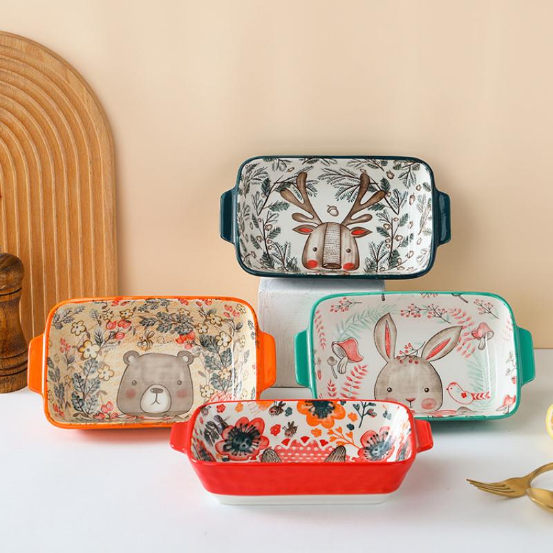 Ceramic Double Ear Baking Plate Restaurant Home Cute Cartoon Bakeware Animals Rice Vegetable Rectangular Dish Kitchen Tableware