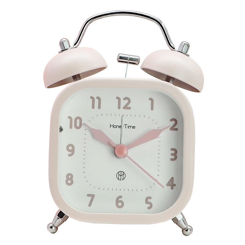 Student 3-inch Square Metal Bell Ring Alarm Clock Home Bedside Sweep Second Night Light Clock Quartz Clock