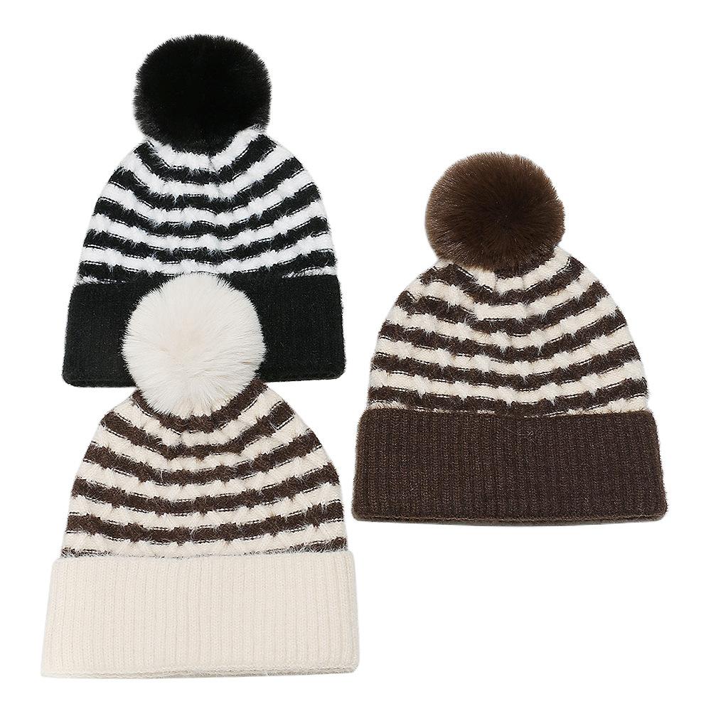 2025 Autumn and Winter Wool Hat Striped Jacquard Retro Knitted Hat Piled and Thickened Imitation Mink Winter Hat Children