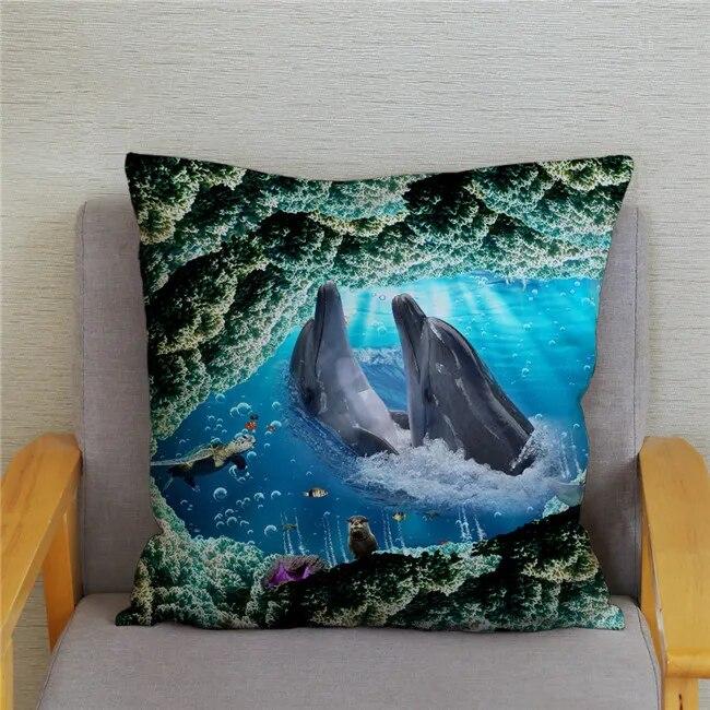 Cushion Cover Ocean Dolphin Pattern Underwater World Print Pillow  Kids Sofa Home Decor