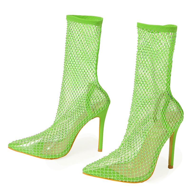 Sexy Yellow Green Mesh Ankle Boots Women Fashion Crystal Stretch Fabric Socks Shoes Party Nightclub Stripper Heels Pumps