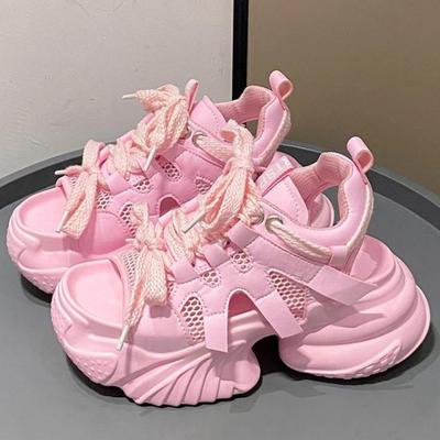 Fashion Pink Mesh Breathable Women Sandals New Comfortable Shoes Fashion Summer 7.5CM Peep Toe Platform Wedge High Hidden Heels Ladies