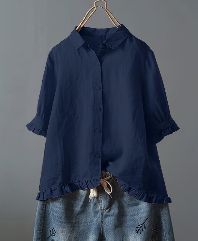 2025wish Cotton Linen Casual Ruffle Short Sleeve Women's Shirt