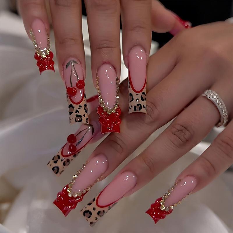 24Pcs Long Square Press On Nails Leopard Print French 3D Cherry Design False Nail Rhinestone Wearable Full Cover Fake Nails Tips