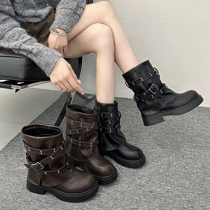 Maillard Trouser Boots 2025 New Retro Round Head Niche Design Medium Tube Boots Rivet Knight Boots