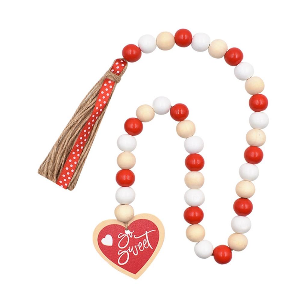 Valentýnská girlanda z dřevěných korálků s třásněmi, Rustikální girlanda z dřevěných korálků, Závěsné dřevěné ozdoby ve tvaru srdce s nápisem Love