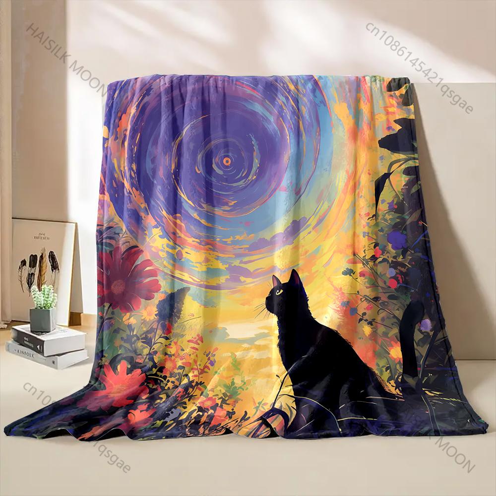 1pz Gatto Nero Cielo Notturno Cartone Animato Arte Coperta Calda Morbida Soffice Bambini Adulti Regali di Lusso per Divano Letto Casa Esterno Viaggio Campeggio