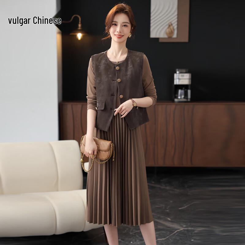 Women s Elegant Long-Sleeve Pleated Dress Set 5XL