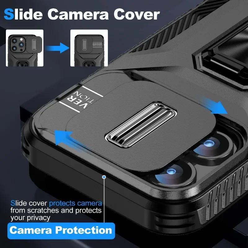 Military-grade Anti-fall and Anti-slip Camera Lens Slide Out Phone Case For iPhone 16 15 14 13 12 Pro Max Hardware Rotary Stand