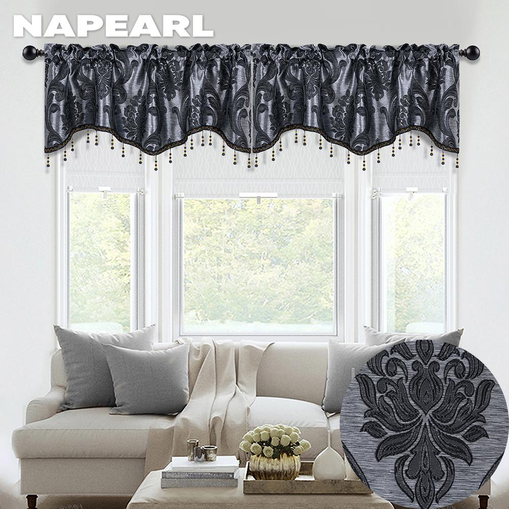 2 STÜCK NAPEARL Jacquard-Vorhänge mit gewelltem Volant, Dekoration, Volant mit Perlen für Wohnzimmer, Fenster, Stangentaschen-Volant 2PC W132cm x L46cm schwarz