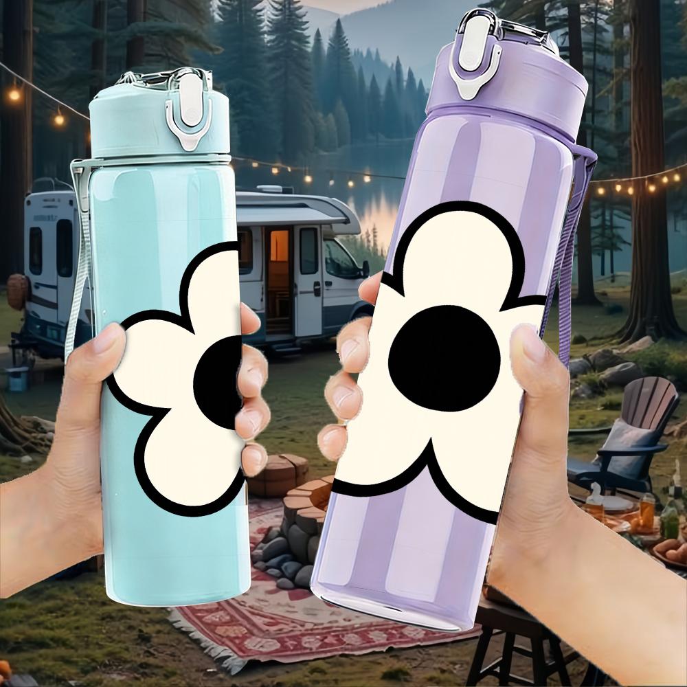 1PC Simple Five Petal White Flower 750ml Color Plastic Sports Water Bottle Leakproof Flip Straw Lid For Sports Office Home Use