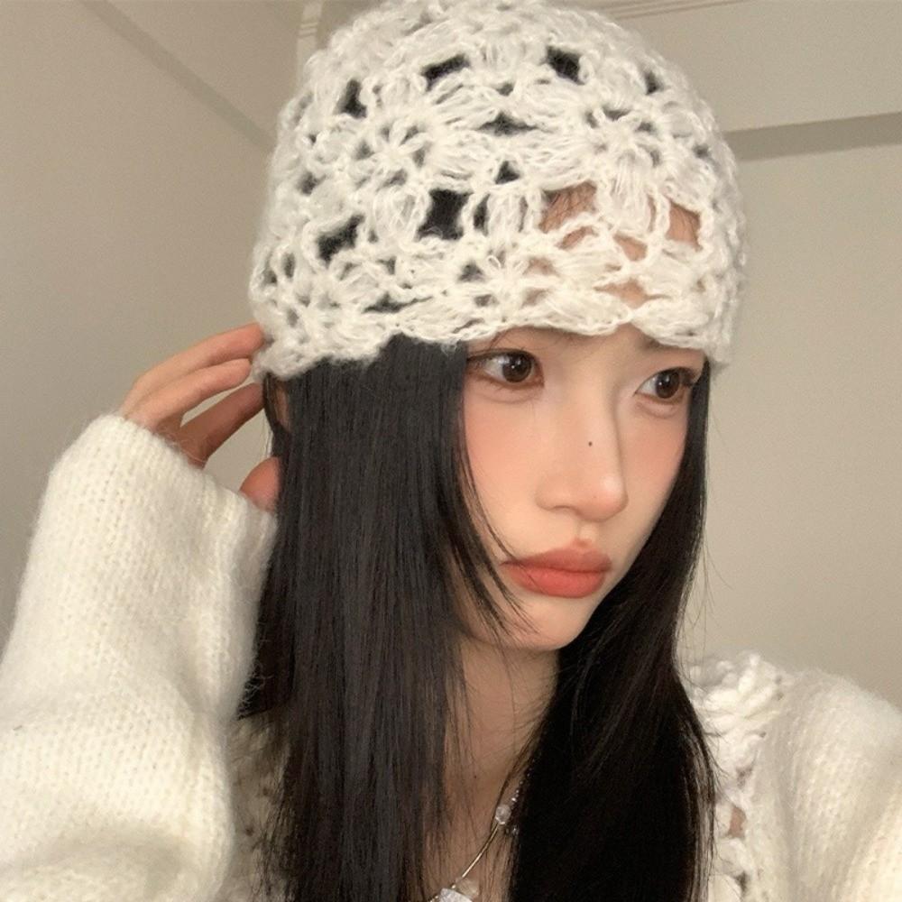 Hollow Knitted Pullover Hat Solid Color Beanies Cap Cute Crochet Flower Hat  Girls