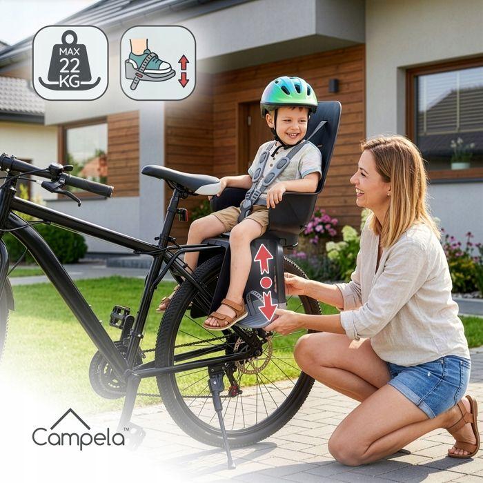 Siège vélo enfant arrière 22 kg, harnais 5 points, montage tube de selle Campela (CA0061GRY)