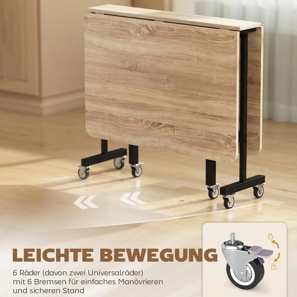 Tavolo Pieghevole da Mobile con 6 Ruote e Freni, Tavolo da Cucina/Pranzo Pieghevole per Piccoli Spazi, Rovere